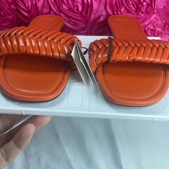 Zara summer sandals, leather with open toe, sexy with flat heel in orange,size 9