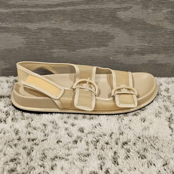 Zara SZ 41/US 10 Beige Mesh Flat Sandals With Buckles And Hook &amp; Loop Close
