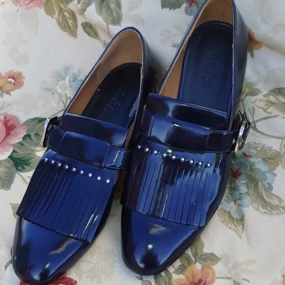 Zara TRF Navy Blue Loafer Shoes with Fringe and Buckle Women's US 9 EU 40