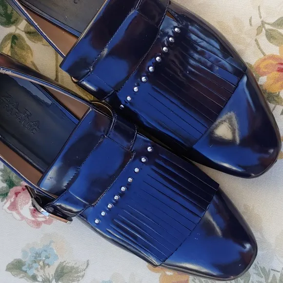 Zara TRF Navy Blue Loafer Shoes with Fringe and Buckle Women's US 9 EU 40