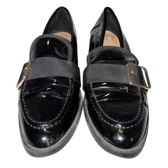 ZARA Vegan Patent Leather Loafers 38 7.5 Low Heel Buckle Detail Goth Preppy Faux