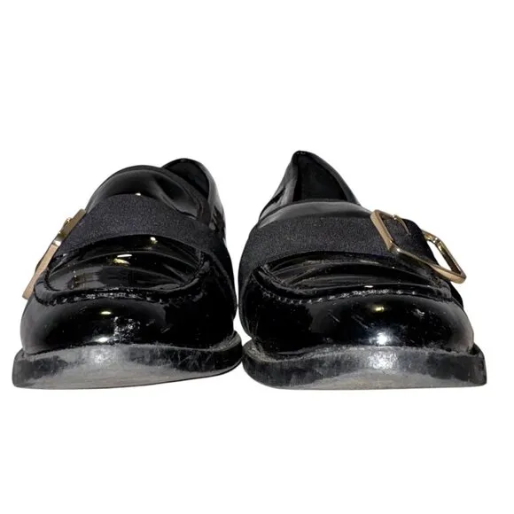ZARA Vegan Patent Leather Loafers 38 7.5 Low Heel Buckle Detail Goth Preppy Faux