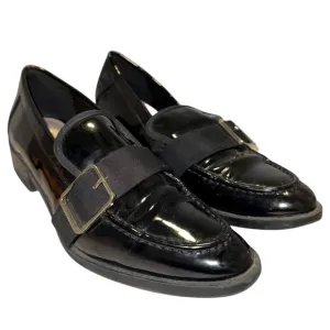 ZARA Vegan Patent Leather Loafers 38 7.5 Low Heel Buckle Detail Goth Preppy Faux