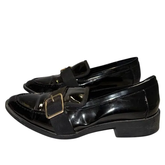 ZARA Vegan Patent Leather Loafers 38 7.5 Low Heel Buckle Detail Goth Preppy Faux