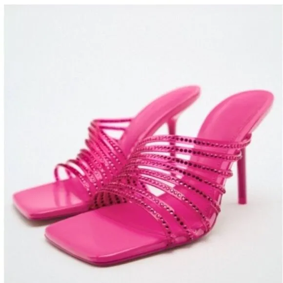 Zara Vinyl Clear Pink Rhinestone High Heels Sandals Size 11