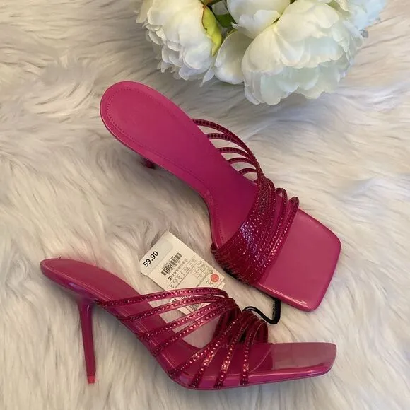 Zara Vinyl Clear Pink Rhinestone High Heels Sandals Size 11