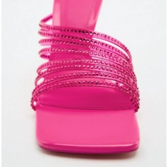 Zara Vinyl Clear Pink Rhinestone High Heels Sandals Size 11