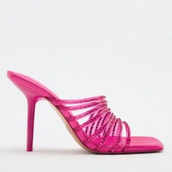 Zara Vinyl Clear Pink Rhinestone High Heels Sandals Size 11