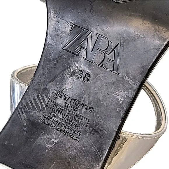 ZARA Women's 38 EU / 8 US Metallic Silver Strappy High Heel Sandals 3355/110