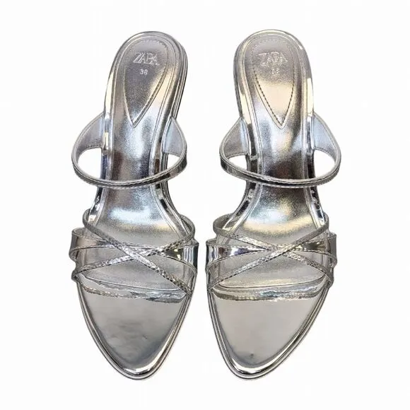 ZARA Women's 38 EU / 8 US Metallic Silver Strappy High Heel Sandals 3355/110