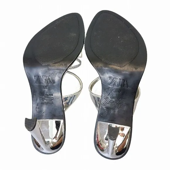 ZARA Women's 38 EU / 8 US Metallic Silver Strappy High Heel Sandals 3355/110