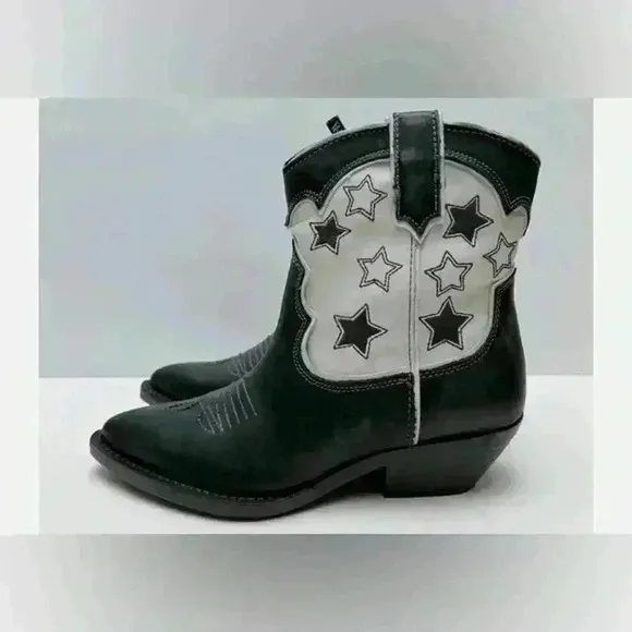 Zara Womens Black White Leather Stars Western Cowboy Boots EU 36 US 6 NEW