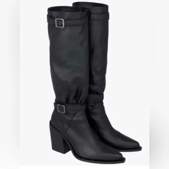 Zara Women’s Srpls Black Real Leather Buckle Boots Size US 8 EUR 39 NWT