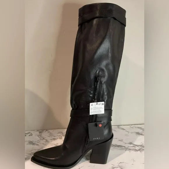 Zara Women’s Srpls Black Real Leather Buckle Boots Size US 8 EUR 39 NWT