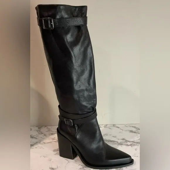 Zara Women’s Srpls Black Real Leather Buckle Boots Size US 8 EUR 39 NWT