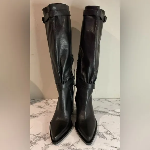 Zara Women’s Srpls Black Real Leather Buckle Boots Size US 8 EUR 39 NWT