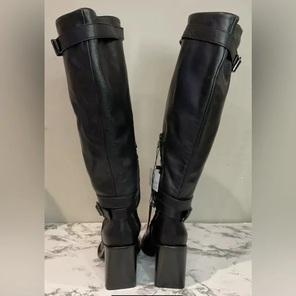 Zara Women’s Srpls Black Real Leather Buckle Boots Size US 8 EUR 39 NWT