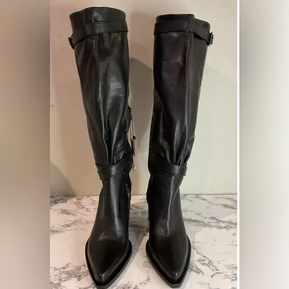 Zara Women’s Srpls Black Real Leather Buckle Boots Size US 8 EUR 39 NWT