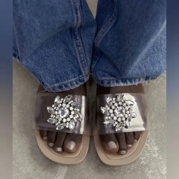 ZARA EMBELLISHED VINYL FLAT SANDALS‎
