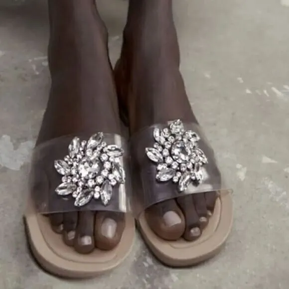 ZARA EMBELLISHED VINYL FLAT SANDALS‎