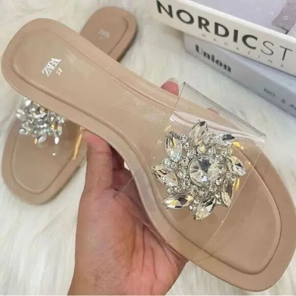 ZARA EMBELLISHED VINYL FLAT SANDALS‎