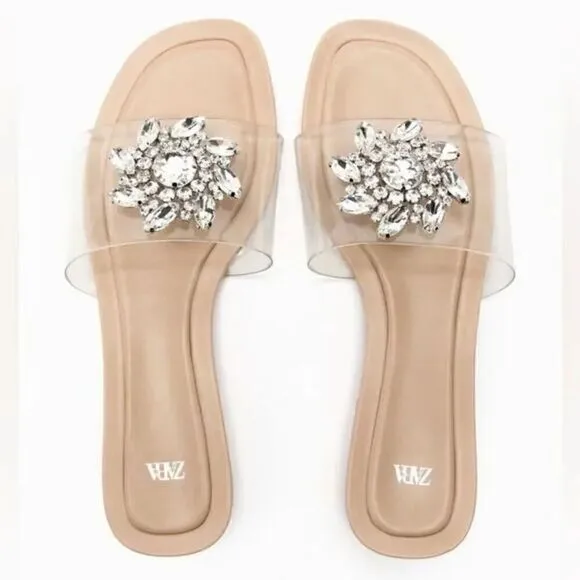 ZARA EMBELLISHED VINYL FLAT SANDALS‎