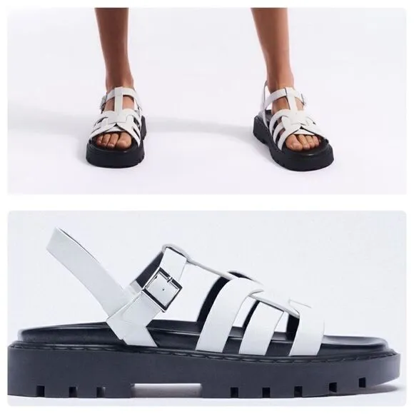 ZARA FLAT LEATHER CAGE SANDALS WITH TRACK SOLE