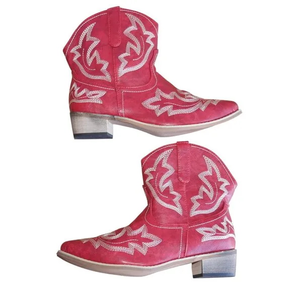 Zeraclub Size 12 Western Embroidered Red Boots Mid Calf Cowgirl Rodeo Slip On