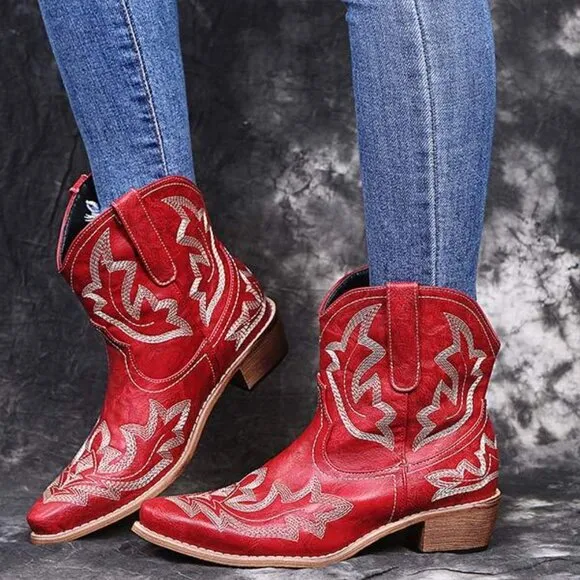 Zeraclub Size 12 Western Embroidered Red Boots Mid Calf Cowgirl Rodeo Slip On