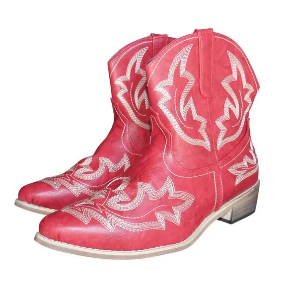 Zeraclub Size 12 Western Embroidered Red Boots Mid Calf Cowgirl Rodeo Slip On