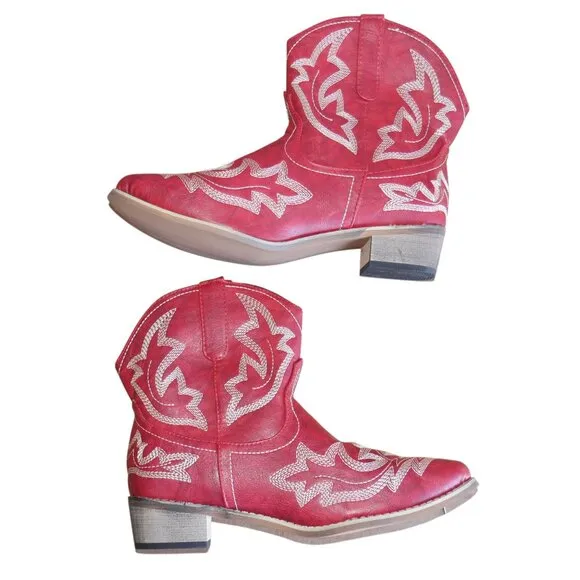 Zeraclub Size 12 Western Embroidered Red Boots Mid Calf Cowgirl Rodeo Slip On