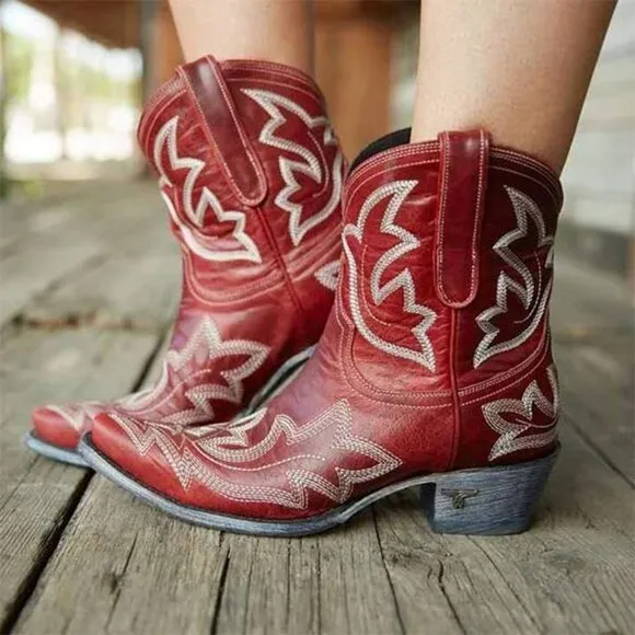 Zeraclub Size 12 Western Embroidered Red Boots Mid Calf Cowgirl Rodeo Slip On